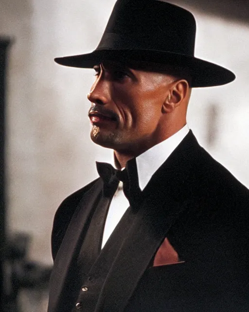 Image similar to film still close up shot of dwayne johnson as vito corleone from the movie the godfather. photographic, photography