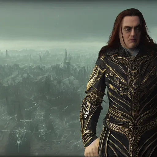 Image similar to artstation trending elden ring mod, now with peter serafinowicz in multiple roles 8k unreal astonishing render