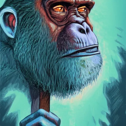 Image similar to elderly grandpa ape with a cane, colorful, digital art, fantasy, magic, trending on artstation, ultra detailed, professional illustration by basil gogos