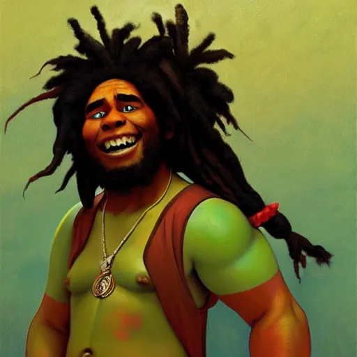 Prompt: shrek as bob marley, brown skin, highly detailed, digital painting, artstation, concept art, sharp focus, illustration, art by greg rutkowski and alphonse mucha