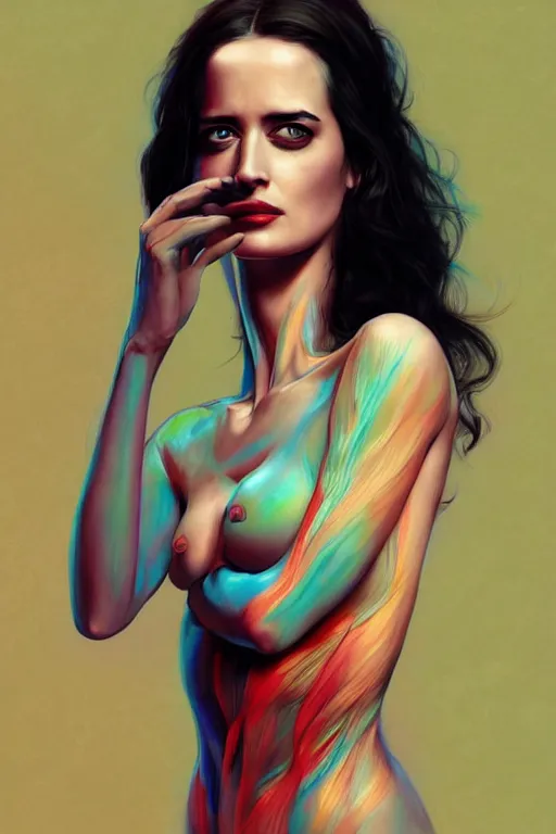 Image similar to eva green , zx spectrum color palette, anatomy, only two hands, highly detailed, digital painting, artstation, concept art, smooth, sharp focus, illustration, Unreal Engine 5, 8K, art by art by artgerm and greg rutkowski and edgar maxence