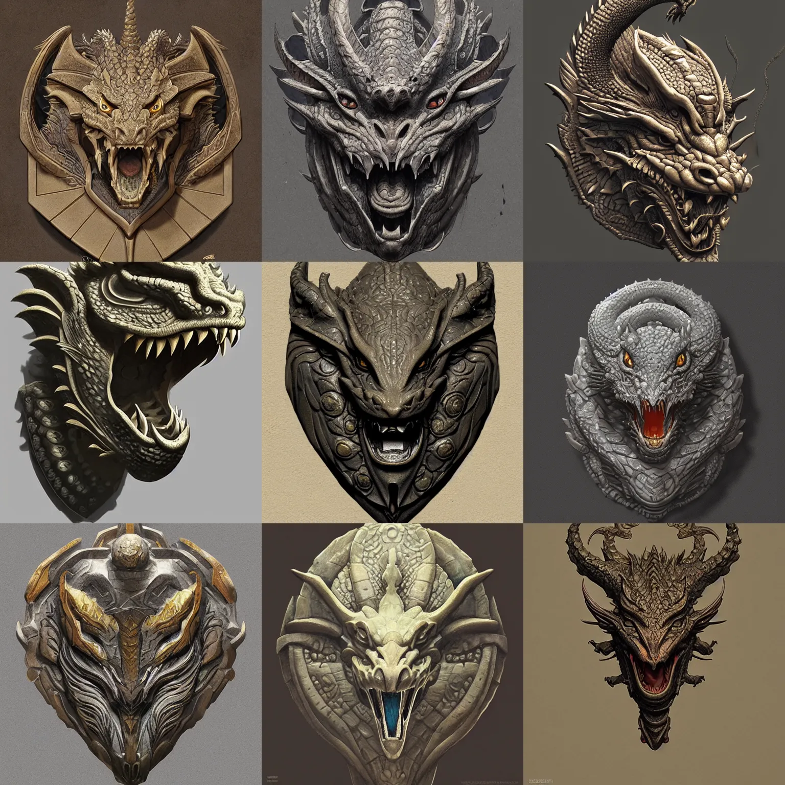 Prompt: stone decorative dragon head badge, low - relief stone sculpture, digital painting, artstation, concept art, smooth, sharp focus, illustration, artstation, art by giger and greg rutkowski and hikari shimoda and edmund blair leighton and charlie bowater