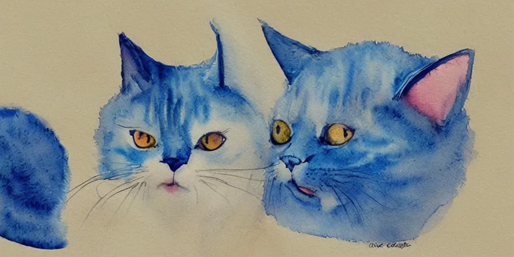 Image similar to watercolor illustration style, cute! cats! with blue wings!!