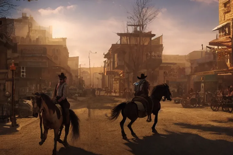 Prompt: rugged sheriff riding his horse through a busy old - west town, detailed, volumetric lighting, cinematic, in the style of fredrick remington