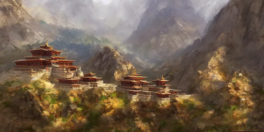 Image similar to Dzogchen Mountain Temple, by Craig Mullins and Marc Simonetti and Hiroshi Yoshida