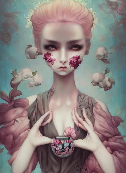 Image similar to pop surrealism, lowbrow art, realistic cute girl painting, japanese street fashion, hyper realism, muted colours, rococo, natalie shau, loreta lux, tom bagshaw, mark ryden, trevor brown style,