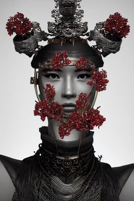 Image similar to A metal headgear design, ancient Chinese hairpin + plum blossom，Jewelry Design，Artstation, octane render, hyper realistic，design by Jean Paul Gaultier