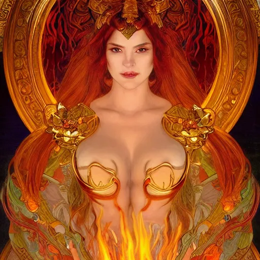 Image similar to an portrait of a beautiful alluring female demon goddess with fire in her glowing eyes, detailed, centered, digital painting, artstation, concept art, donato giancola, Dante Gabriel Rossetti, alphonse mucha, Joseph Christian Leyendecker, WLOP, Boris Vallejo, Breathtaking, 8k resolution, extremely detailed, beautiful, establishing shot, artistic, hyperrealistic, beautiful face, octane render