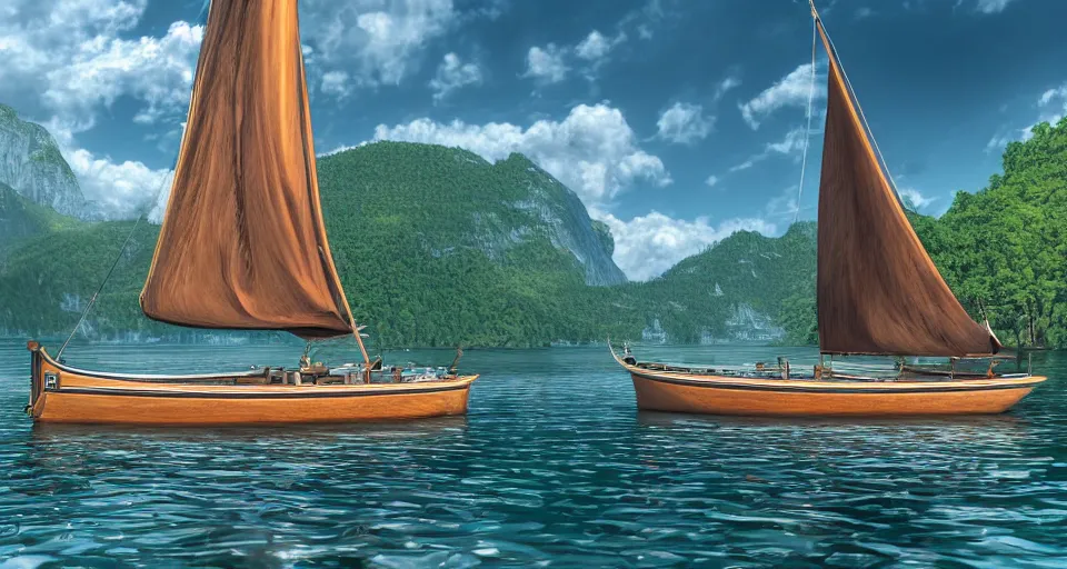 Prompt: A beautiful hyper realistic ultra detailed lifelike matte painting of traditional austrian sailboat on a lake, unreal engine, deviantart, flickr, artstation, octane render, textured, colorful, extreme realistic detail, physically based rendering, pbr render, very detailed, volumetric lighting, detailed lighting, octane render, 4k, cinematic lighting, 8k resolution