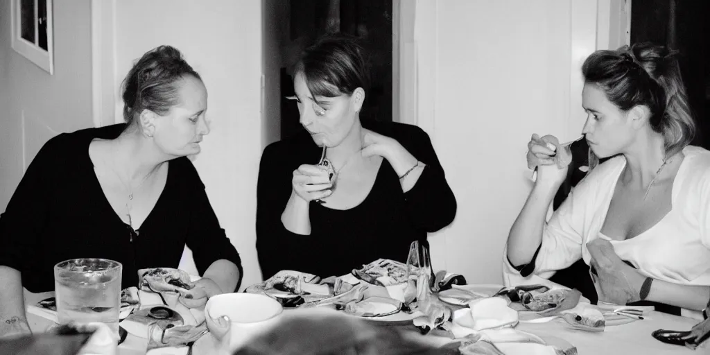 Image similar to b & w photo of two beautiful woman having dinner,