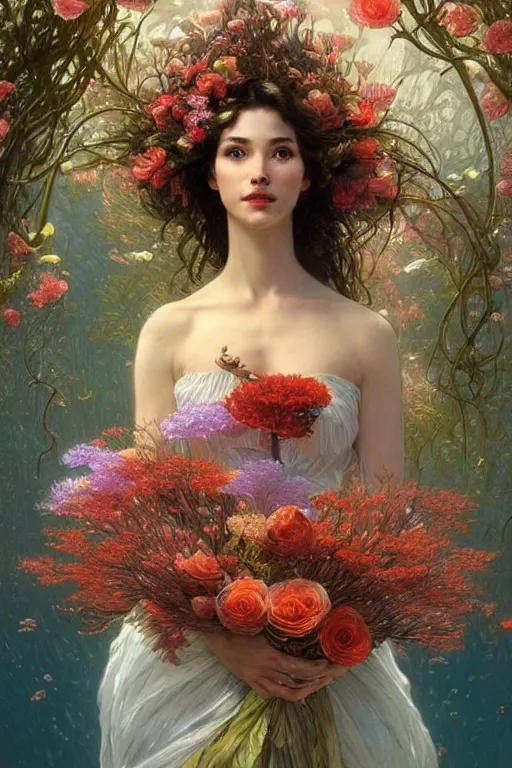 Image similar to portrait of a beautiful mysterious woman holding a bouquet of flowing flowers, hands hidden under the bouquet, submerged underwater filled with coral reef, fantasy, regal, intricate, by stanley artgerm lau, greg rutkowski, thomas kindkade, alphonse mucha, loish, norman rockwell