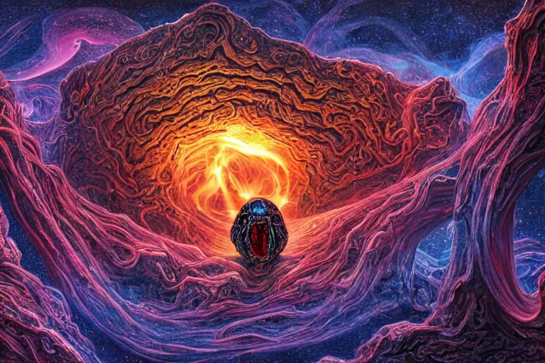 Image similar to a giant skull and flesh creature with deep and intricate rune carvings and glowing eyes and twisting lovecraftian tentacles emerging from a space nebula by dan mumford, twirling smoke trail, a twisting vortex of dying galaxies, digital art, photorealistic, vivid colors, highly detailed, intricate