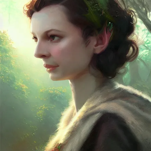 Prompt: closeup portrait of a young vivian leigh with elf ears, forest background, megacity, high fantasy, dramatic light, gorgeous view, depth, high detail, digital art, painted by greg rutkowski, trending on artstation