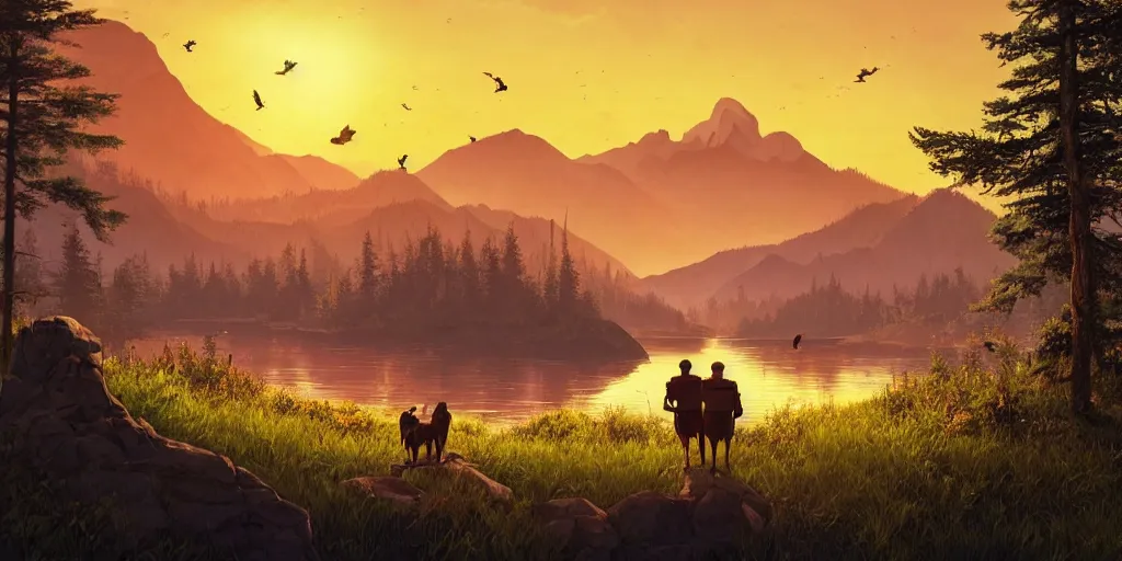 Image similar to A majestic landscape featuring a river, mountains and a forest. A group of birds is flying in the sky. There is an old man with a dog standing next to him. The man is wearing a backpack. They are both staring at the sunset. Cinematic, very beautiful, painting in the style of firewatch