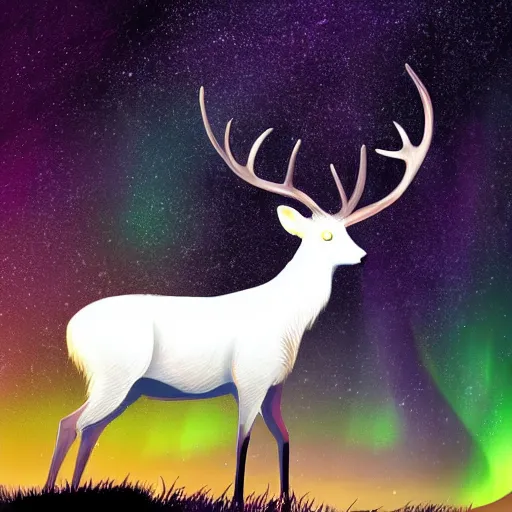 Prompt: professional stylized digital art of an albino deer with galaxies and stars in the night sky, shooting stars, aurora borealis hd, 8 k