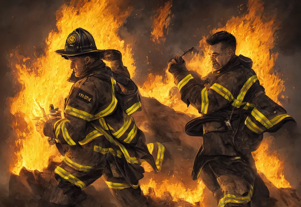 Prompt: one heroic firefighter in action in black and yellow uniform, fire flames, sharp details, sharp focus, realistic, highly detailed, illustration, by yerbol bulentayev and murat gul and pablo olivera and greg rutkowski