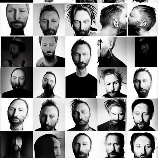 Image similar to overlapping sheets of random thom yorke versions, hyper realistic, many very random variations of thom yorke, various emotions, various poses, high quality photographs, mixed styles, intricate details, beautiful lighting, diverse