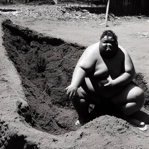 Image similar to a dramatic photo of a fat man who has dug a large hole and discovered the worlds largest yam. he is crying tears of joy.