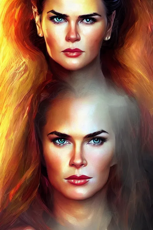 Image similar to mix of beautiful young maria shriver, mariel hemmingway, brooke shields, nicole kidman and elle macpherson as a young amazon warrior, thin lips, hair tied up in a pony tail, dark blonde hair, colorful, artstation, cgsociety