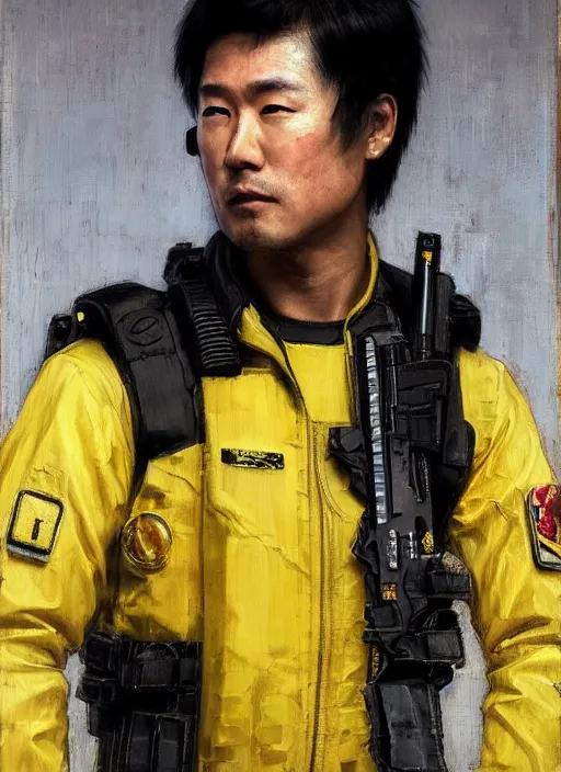 Image similar to hiro tanaka. Handsome cyberpunk USN marine wearing a military vest and a black and yellow tactical jumpsuit (cyberpunk 2077, bladerunner 2049). Handsome face. Iranian orientalist portrait by john william waterhouse and Edwin Longsden Long and Theodore Ralli and Nasreddine Dinet, oil on canvas. Cinematic, hyper realism, realistic proportions, dramatic lighting, high detail 4k