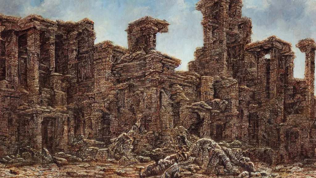 Image similar to ancient ruined relics symbolizing preponderance by beksinski and peter gric and bruce pennington