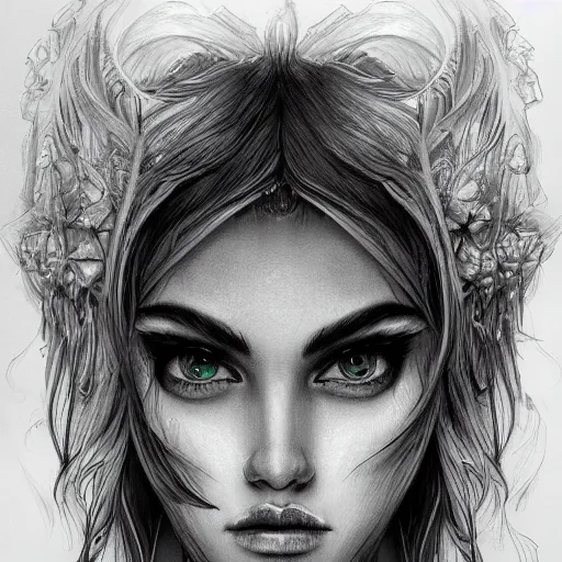 Prompt: a sketch drawing, ultra detailed, portrait, mystical, energy, fantastic, magic, beautiful eyes, beautiful woman, surreal, trending on artstation