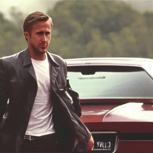 Prompt: ryan gosling driving a mustang, in american psycho ( 1 9 9 9 )