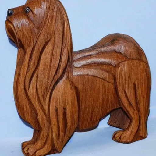 Prompt: wood carving of maltese terrier details, photo
