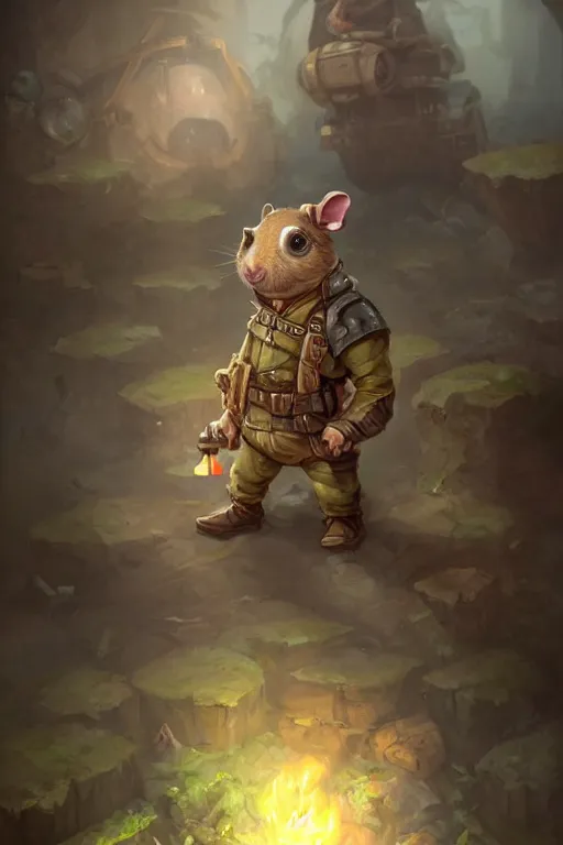 Image similar to cute little anthropomorphic Guinea Pig Tank driver standing next to its tank, tiny, small, short, Tank driver outfit, cute and adorable, pretty, beautiful, DnD character art portrait, matte fantasy painting, DeviantArt Artstation, by Jason Felix by Steve Argyle by Tyler Jacobson by Peter Mohrbacher, cinematic lighting