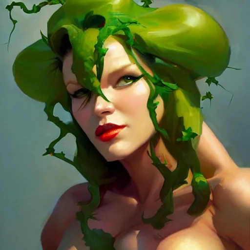 Image similar to Greg Manchess portrait painting of Poison Ivy as Overwatch character, medium shot, asymmetrical, profile picture, Organic Painting, sunny day, Matte Painting, bold shapes, hard edges, street art, trending on artstation, by Huang Guangjian and Gil Elvgren and Sachin Teng