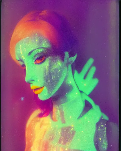 Prompt: cut and paste, serene robotic woman's face, red hair, dark makeup, violet and yellow and green and blue lighting, polaroid photo, 1 9 8 0 s, atmospheric, whimsical and psychedelic, grainy, expired film, super glitched, corrupted file, ghostly, bioluminescent glow, sci - fi, twisty