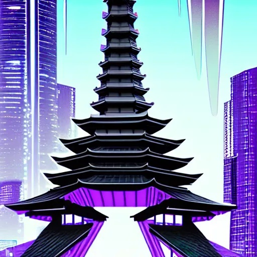 Prompt: Futuristic Pagoda Shrine in Tokyo megapolis in style of Tsutomu Nihei in purple and black tones. ArtStation, Cyberpunk, vertical symmetry, 8K, Highly Detailed, Intricate, Album Art.