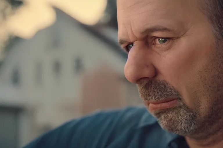 Image similar to movie scene portrait closeup, real life homer simpson in front of house, natural lighting by emmanuel lubezki