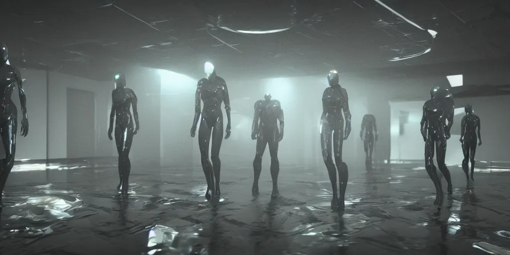 Image similar to sci - fi alien squad in wet cloaks, infiltrating on the ceiling at midnight storm, lightning, unreal engine 5, octane, volumetric light