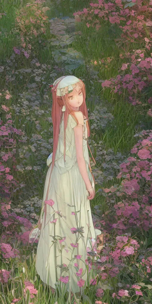 Image similar to a digital art of a loli with long hair in a dress in the privet garden at after noon, green and warm theme, back lighting, by krenz cushart and mucha and akihito yoshida and greg rutkowski and makoto shinkai, extremely long shot, detailed eyes, 4 k resolution, trending on art station