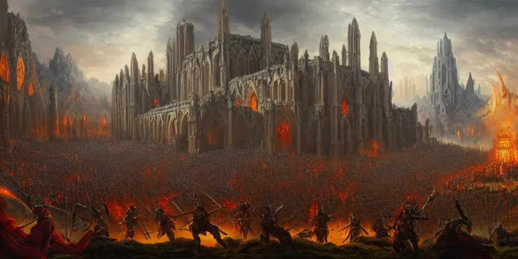 Prompt: highly detailed portrait painting of an ancient gods war battle, abbey warhammer battle, old abbey in the background, character in the foreground, cathedrals, giant columns, arcane magic summoning by liang xing, 8 k resolution