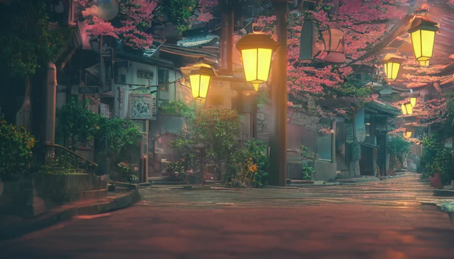 Prompt: A film still from a 1990s Sailor Moon cartoon featuring a moody street in Japan with a waterfall and lanterns, golden hour, cinematic look, film grain, high detail, high resolution, 8k