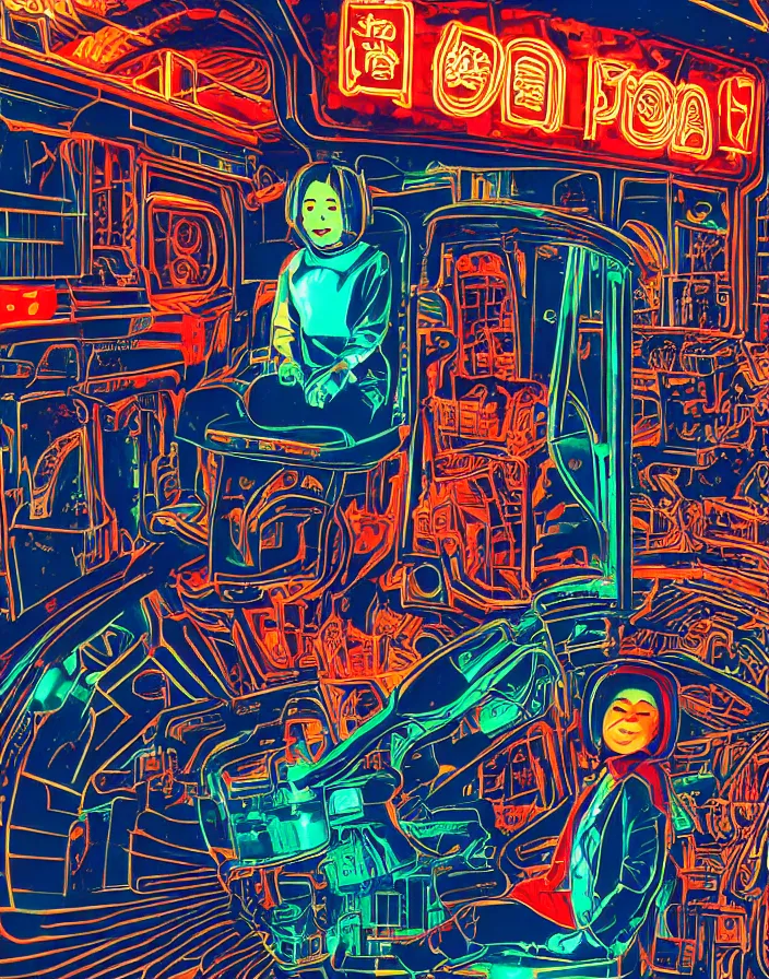 Prompt: hologram asian girl, engine part face, space helmet and suit from motor parts, sitting on pilot seat, inside Tokyo subway alley, neon signs, glass reflections on top, osaka skyline background, low contrat, chinese revolution woodcut style