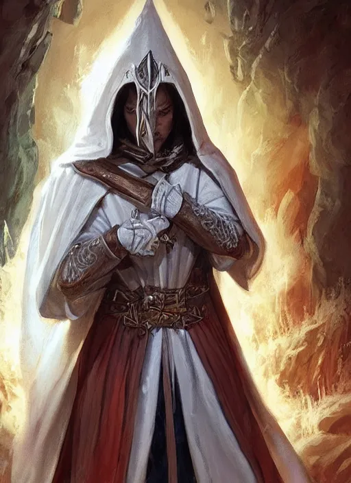 Image similar to white cloak priest, ultra detailed fantasy, dndbeyond, bright, colourful, realistic, dnd character portrait, full body, pathfinder, pinterest, art by ralph horsley, dnd, rpg, lotr game design fanart by concept art, behance hd, artstation, deviantart, hdr render in unreal engine 5