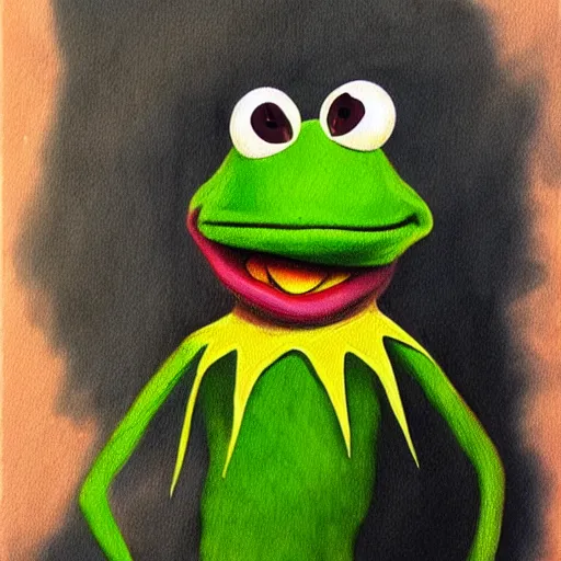 Prompt: A portrait painting of Kermit the Frog in the style of Tim Burton