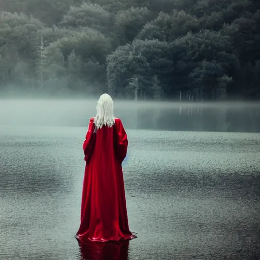 Prompt: beautiful lady with white long hair and dressed with a red victorian cloak, standing in a lake, mist, morning light, dreamy atmosphere, cinematic