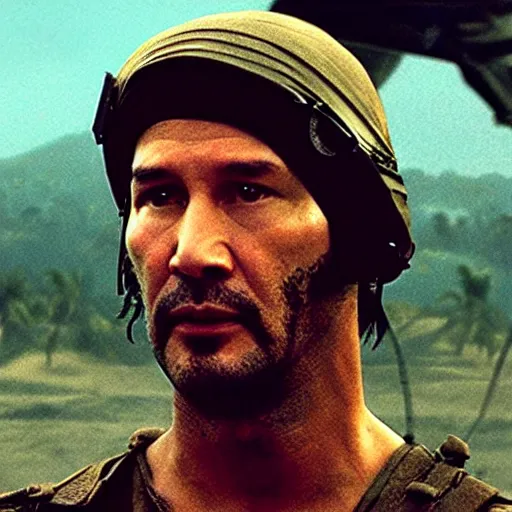 Image similar to keanu reaves as captain benjamin in apocalypse now, 8k resolution, full HD, cinematic lighting, award winning, anatomically correct