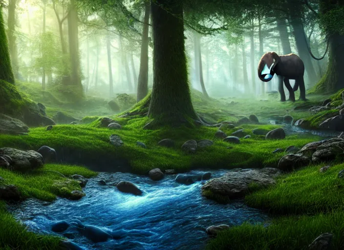 Image similar to hyperrealism, detailed textures, photorealistic 3 d render, a surreal mystical forest with a bright winding blue creek, wooly mammoths grazing, sharp focus, ultra realistic, ultra high pixel detail, cinematic, intricate, cinematic light, concept art, illustration, art station, unreal engine