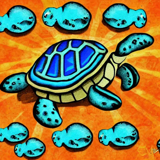 Image similar to turtle eating blue pop rocks digital art