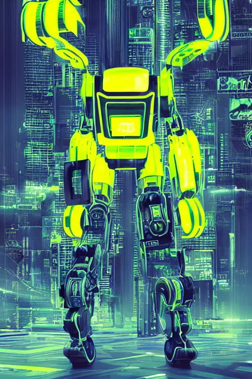 Image similar to Robotic ox, Cyberpunk, Green yellow blue