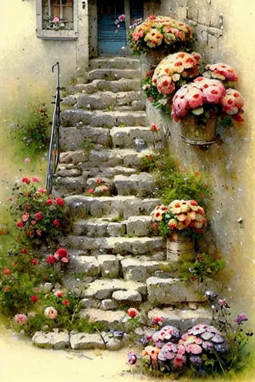 Image similar to ( ( ( ( ( 1 9 5 0 s retro future cottage stone steps and flowers. muted colors. childrens layout, ) ) ) ) ) by jean - baptiste monge,!!!!!!!!!!!!!!!!!!!!!!!!!