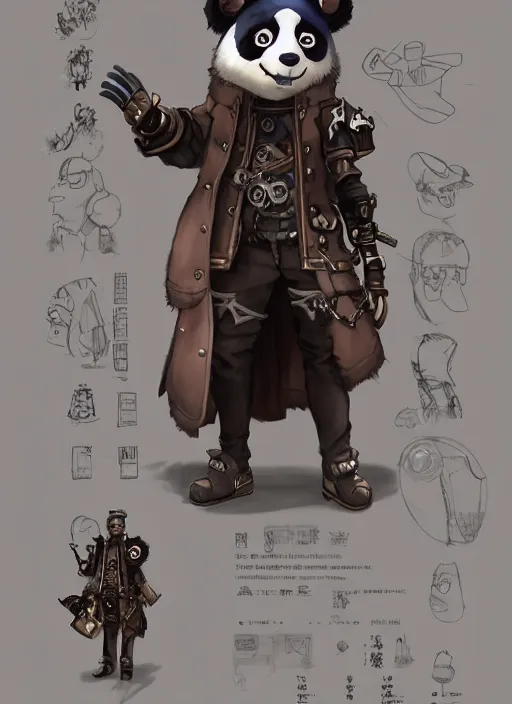 Image similar to a steampunk panda, character concept, character reference sheet. By Makoto Shinkai, Stanley Artgerm Lau, WLOP, Rossdraws, James Jean, Andrei Riabovitchev, Marc Simonetti, krenz cushart, Sakimichan, trending on ArtStation, digital art.