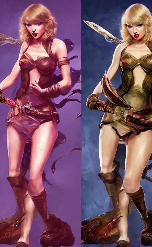 Image similar to taylor swift as a league of legends champion similar to seraphine from league of legends with a microphone in her hand as her weapon drawn in frank frazetta style, high quality, very well proportioned silhouette, contemporary art, taylor swift face