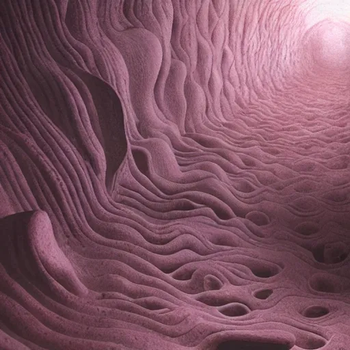 Prompt: inorganic beings of the realm of penumbra a tuberous immense physical mass with many openings and pores i was almost touching it a gigantic sponge porous and cavernous looks rough and fibrous dark brownish in color poriferous countless smooth geometric shaped tunnels going in every direction dream atmosphere