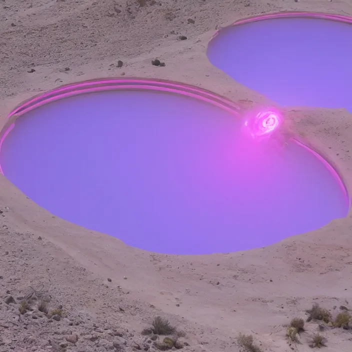 Image similar to a luminous pink and purple colored circular stargate in the dessert through which an ocean is visible